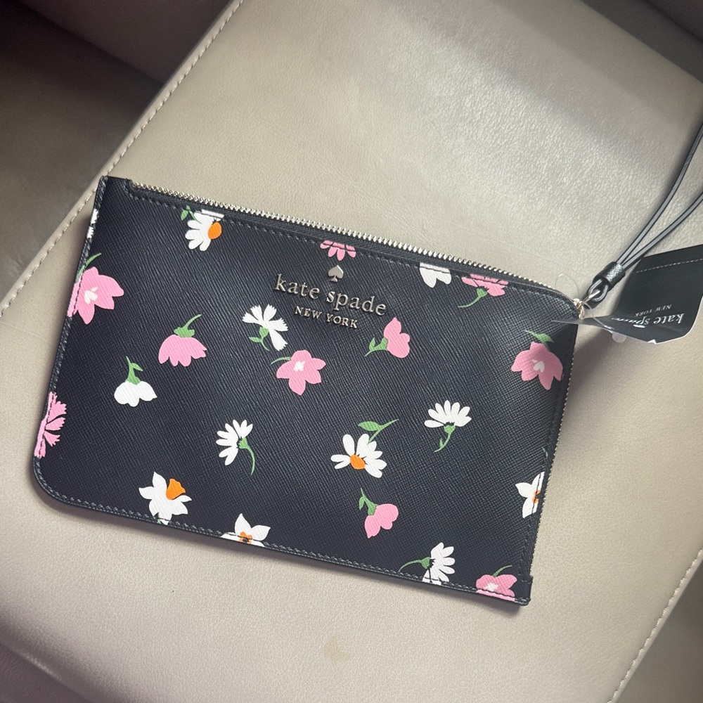 kate spade Black Floral Zip Wristlet with Pink & White Blooms
